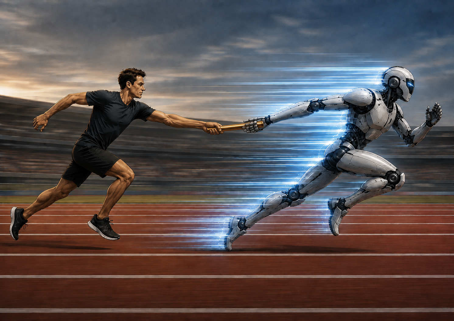 A human sprinter passes a relay baton to an AI runner moving ahead in the same direction