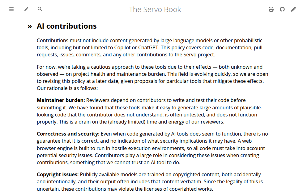 Screenshot of the Servo Book section: AI contributions must not include content generated by large language models